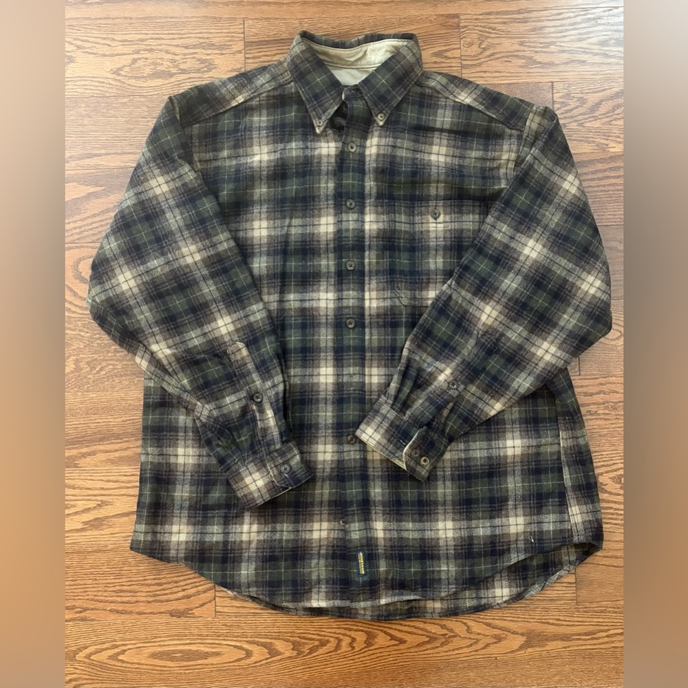 Woolrich Men's Wool Long Sleeves Shirt Plaid (Brown, Dark Green, Beige)